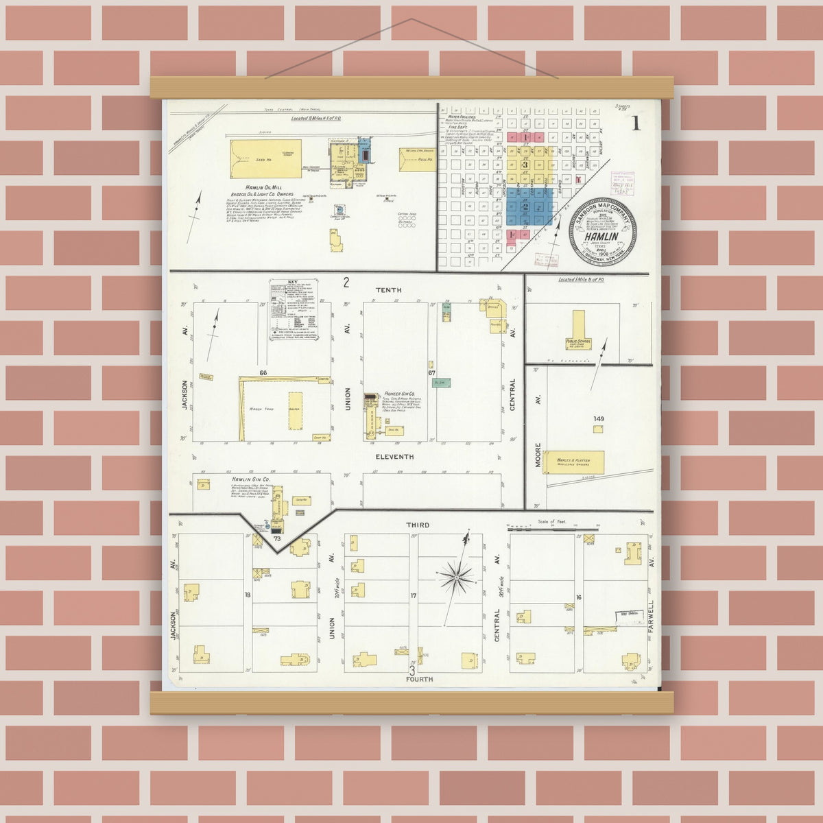 Old map wall art mockup — magnetic wood frame on brick wall — Sanborn Fire Insurance Map from Hamlin, Jones County, Texas (1908), Sheet #0001