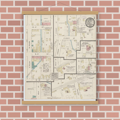 Old map wall art mockup — magnetic wood frame on brick wall — Sanborn Fire Insurance Map from Marysville, Union County, Ohio (1885), Sheet #0001
