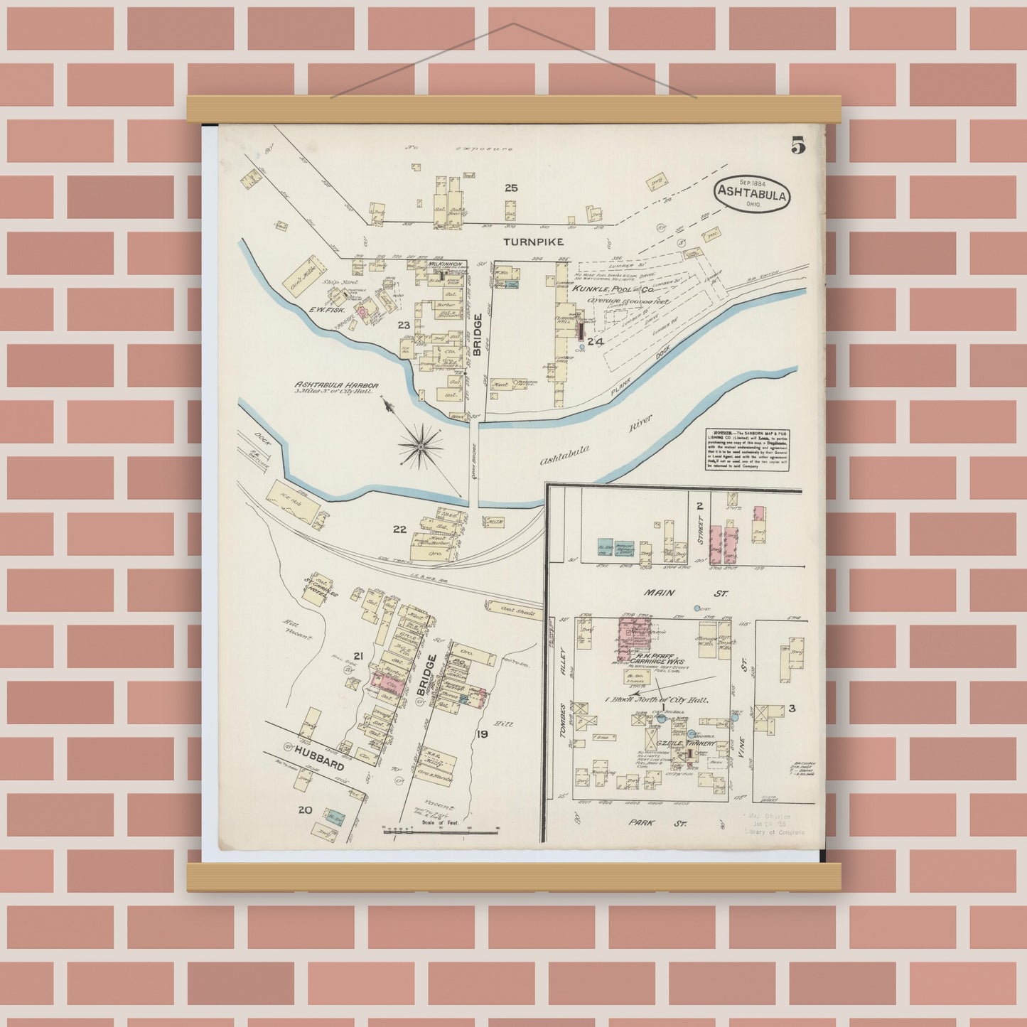 Old map wall art mockup — magnetic wood frame on brick wall — Sanborn Fire Insurance Map from Ashtabula, Ashtabula County, Ohio (1884), Sheet #0005
