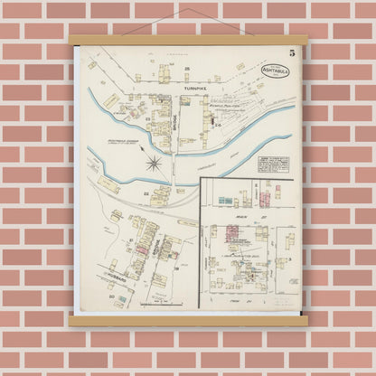 Old map wall art mockup — magnetic wood frame on brick wall — Sanborn Fire Insurance Map from Ashtabula, Ashtabula County, Ohio (1884), Sheet #0005