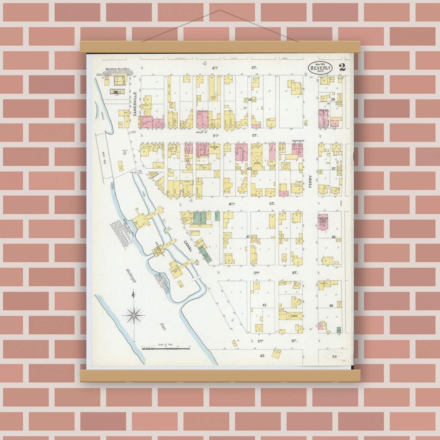 Old map wall art mockup — magnetic wood frame on brick wall — Sanborn Fire Insurance Map from Beverly, Washington County, Ohio (1901), Sheet #0002