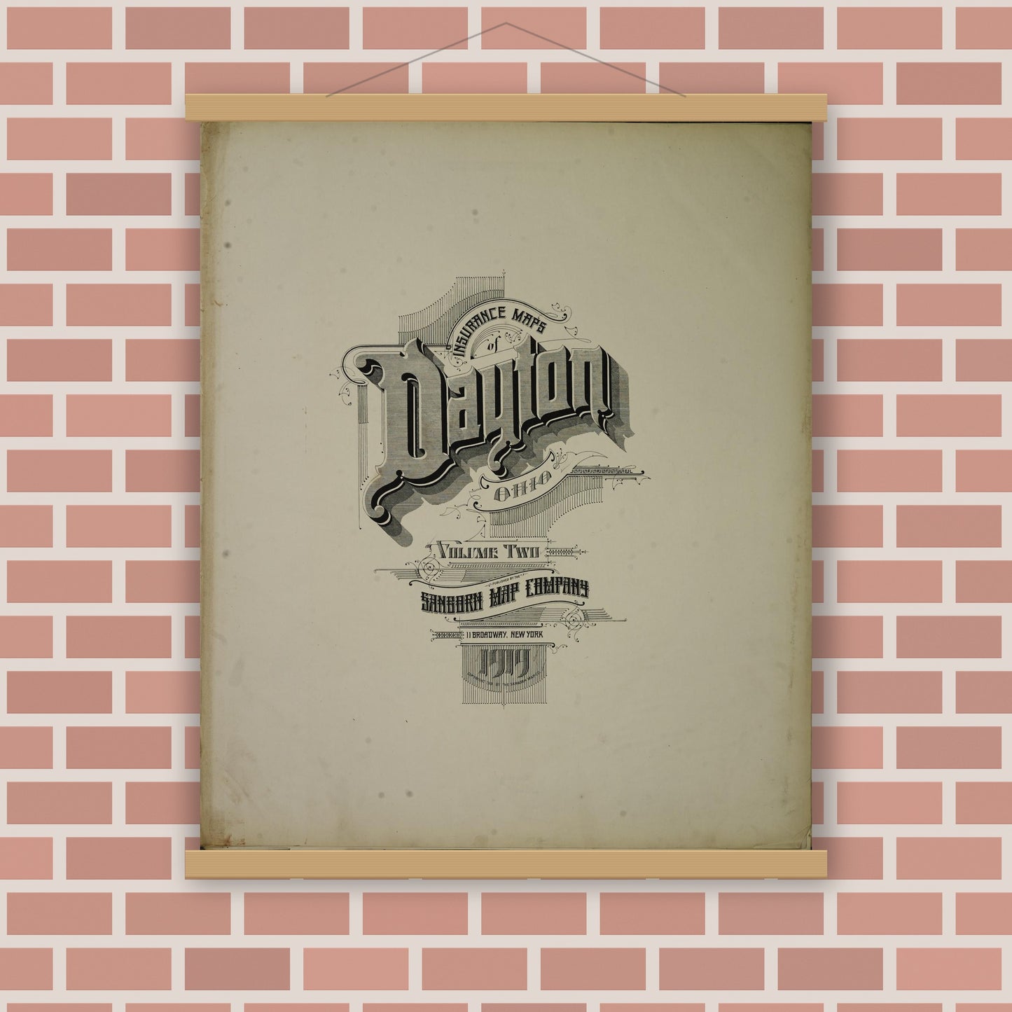 Old map wall art mockup — magnetic wood frame on brick wall — Sanborn Fire Insurance Map from Dayton, Montgomery County, Ohio (1919), Sheet #0001