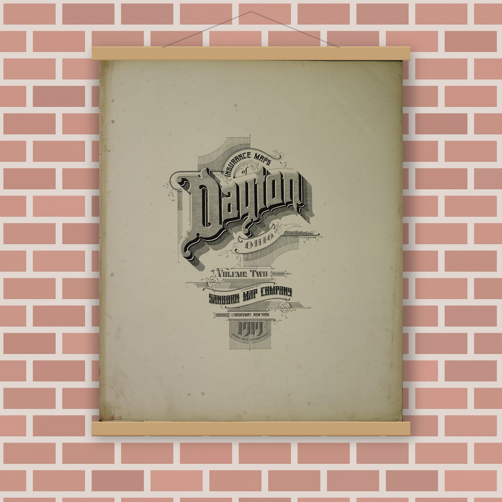 Old map wall art mockup — magnetic wood frame on brick wall — Sanborn Fire Insurance Map from Dayton, Montgomery County, Ohio (1919), Sheet #0001