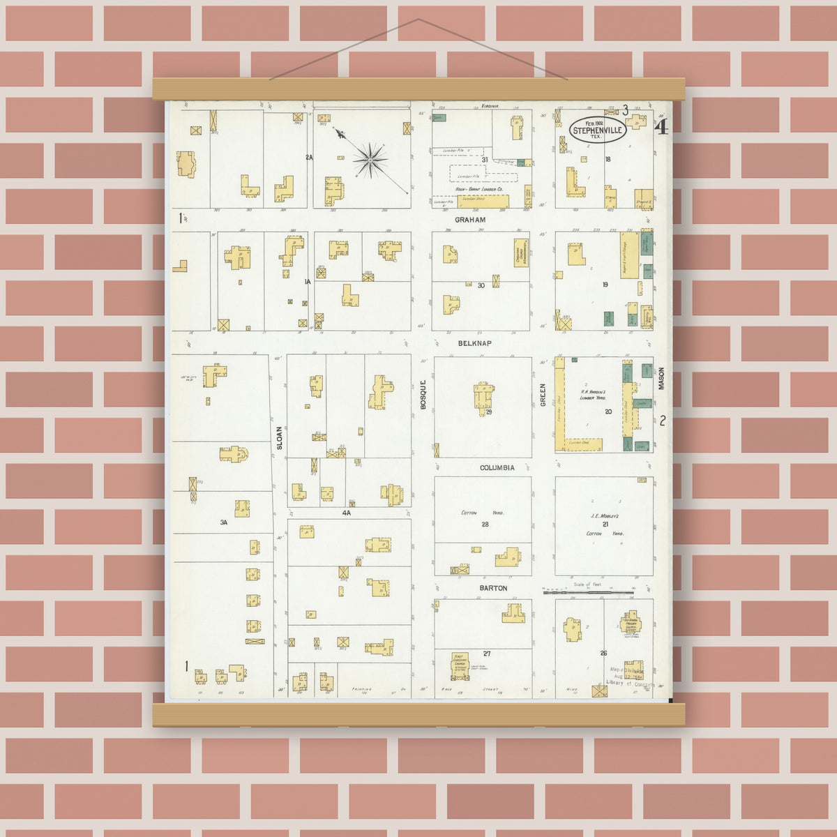 Old map wall art mockup — magnetic wood frame on brick wall — Sanborn Fire Insurance Map from Stephenville, Erath County, Texas (1902), Sheet #0004