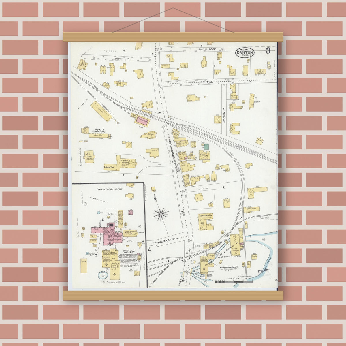 Old map wall art mockup — magnetic wood frame on brick wall — Sanborn Fire Insurance Map from Canton, Norfolk County, Massachusetts (1906), Sheet #0003