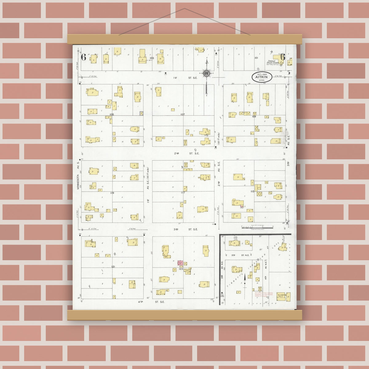 Old map wall art mockup — magnetic wood frame on brick wall — Sanborn Fire Insurance Map from Aitkin, Aitkin County, Minnesota (1929), Sheet #0006