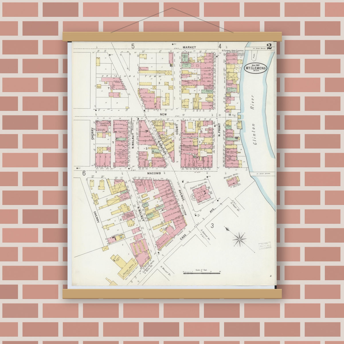 Old map wall art mockup — magnetic wood frame on brick wall — Sanborn Fire Insurance Map from Mount Clemens, Macomb County, Michigan (1897), Sheet #0002