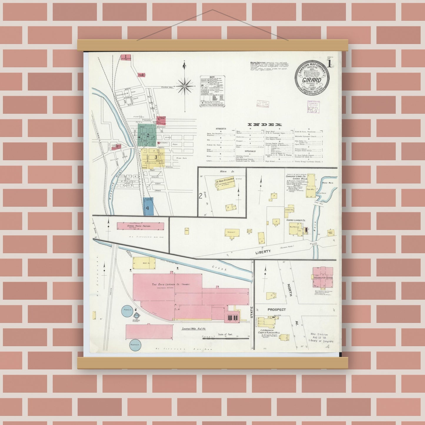 Old map wall art mockup — magnetic wood frame on brick wall — Sanborn Fire Insurance Map from Girard, Trumbull County, Ohio (1907) - Complete Map Set