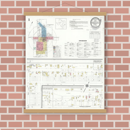 Old map wall art mockup — magnetic wood frame on brick wall — Sanborn Fire Insurance Map from Monahans, Ward County, Texas (1940), Sheet #0001