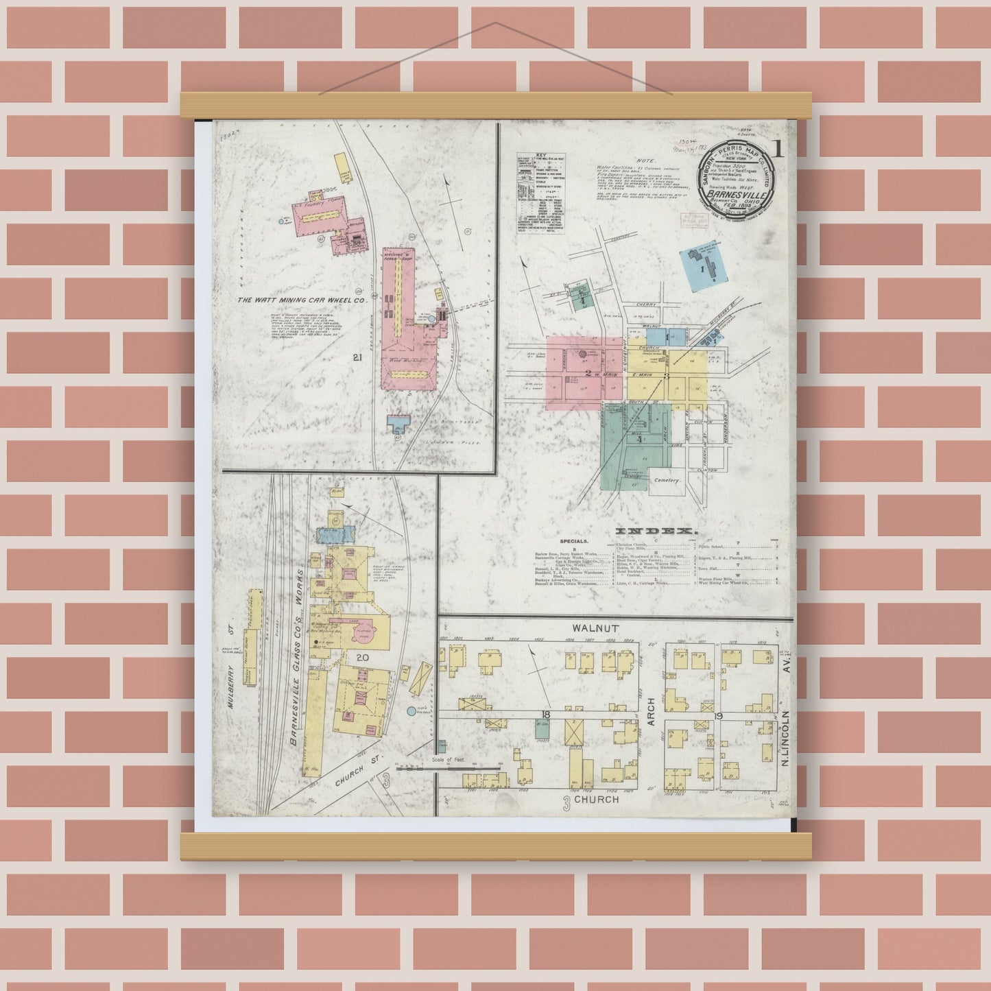 Old map wall art mockup — magnetic wood frame on brick wall — Sanborn Fire Insurance Map from Barnesville, Belmont County, Ohio (1893) - Complete Map Set