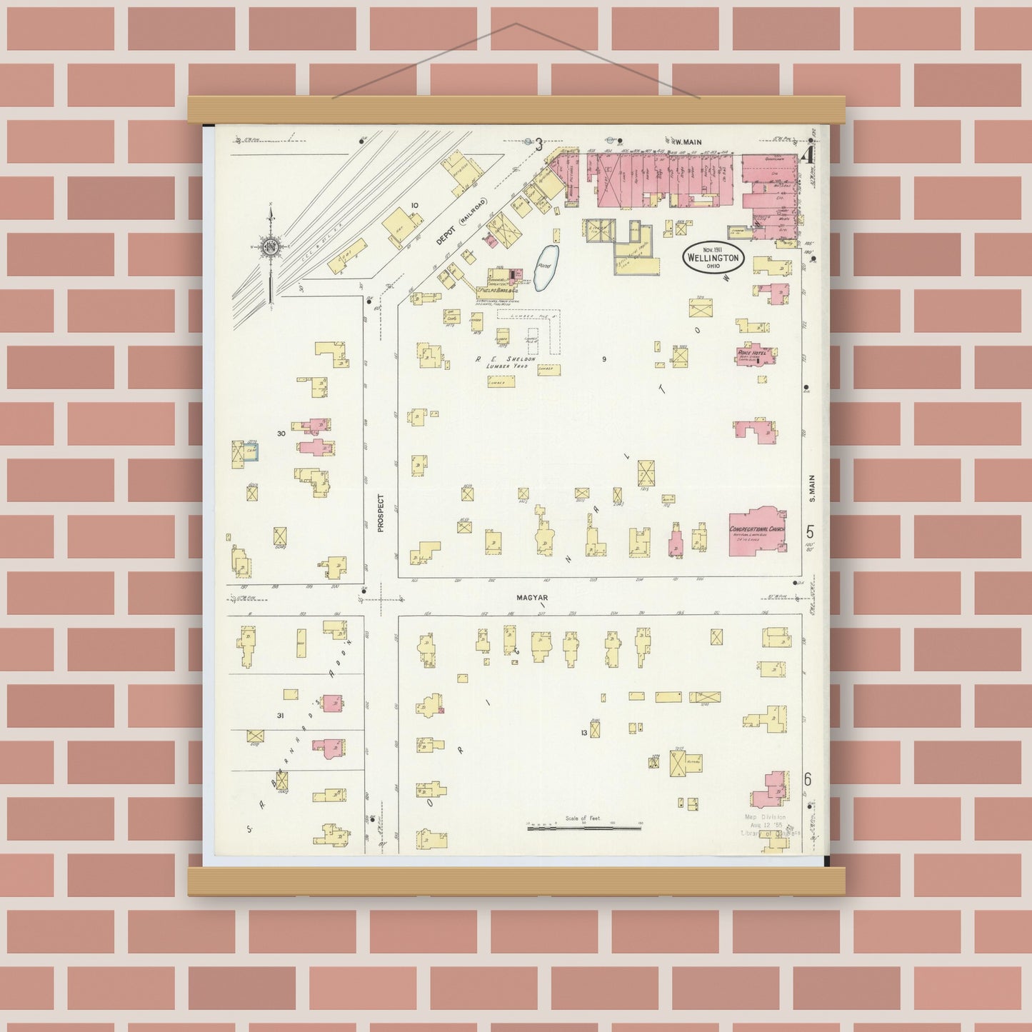 Old map wall art mockup — magnetic wood frame on brick wall — Sanborn Fire Insurance Map from Wellington, Lorain County, Ohio (1911), Sheet #0004
