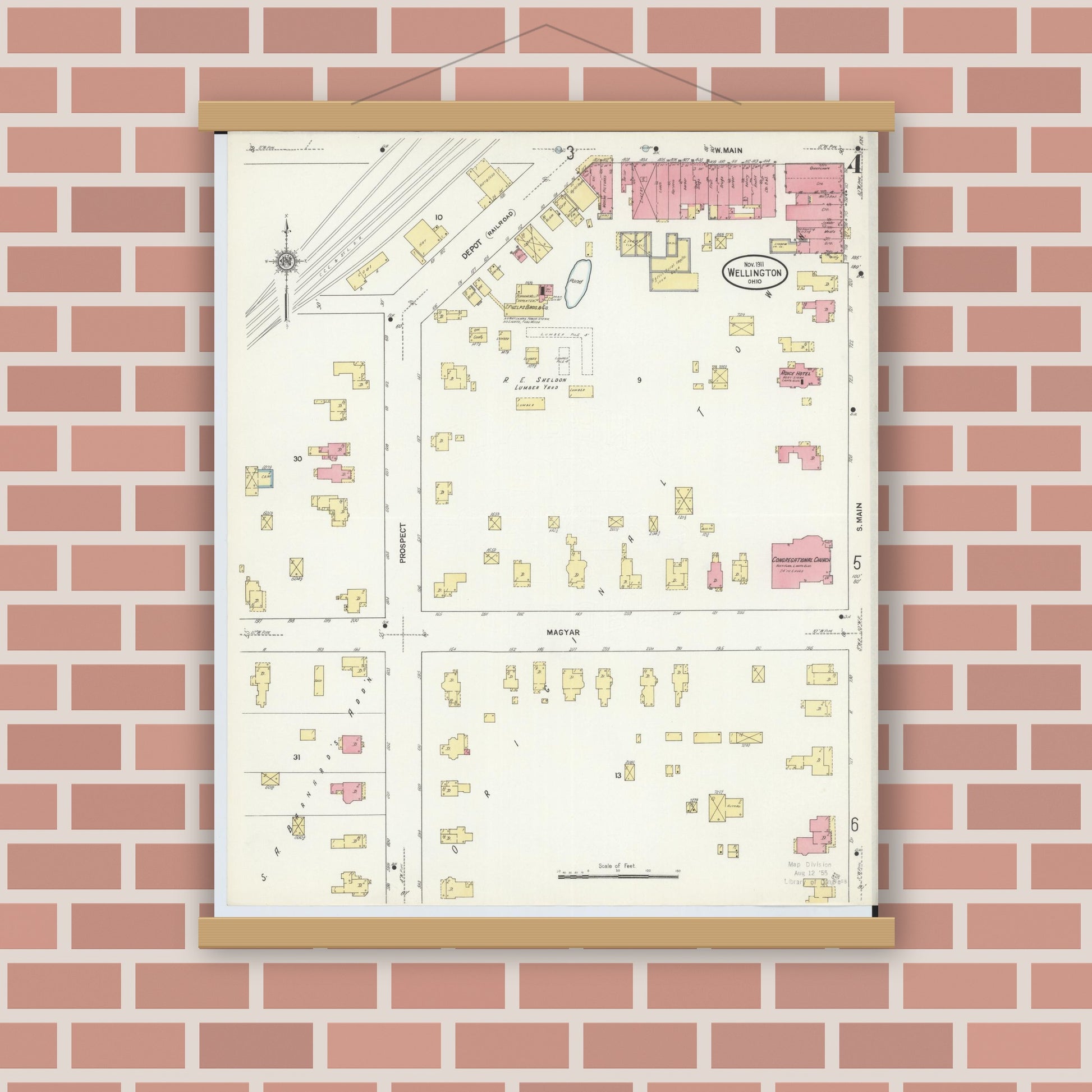 Old map wall art mockup — magnetic wood frame on brick wall — Sanborn Fire Insurance Map from Wellington, Lorain County, Ohio (1911), Sheet #0004