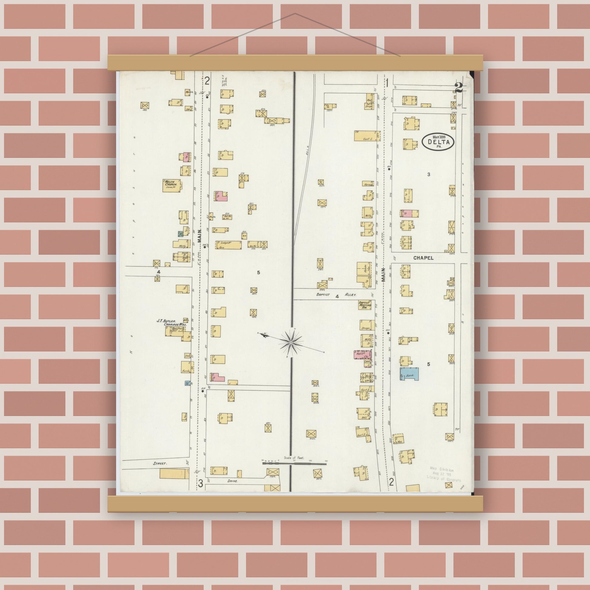 Old map wall art mockup — magnetic wood frame on brick wall — Sanborn Fire Insurance Map from Delta, York County, Pennsylvania (1899), Sheet #0002