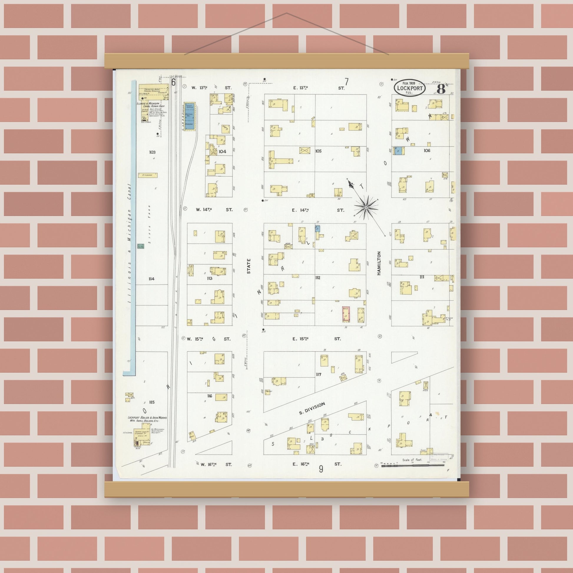 Old map wall art mockup — magnetic wood frame on brick wall — Sanborn Fire Insurance Map from Lockport, Will County, Illinois (1909), Sheet #0008