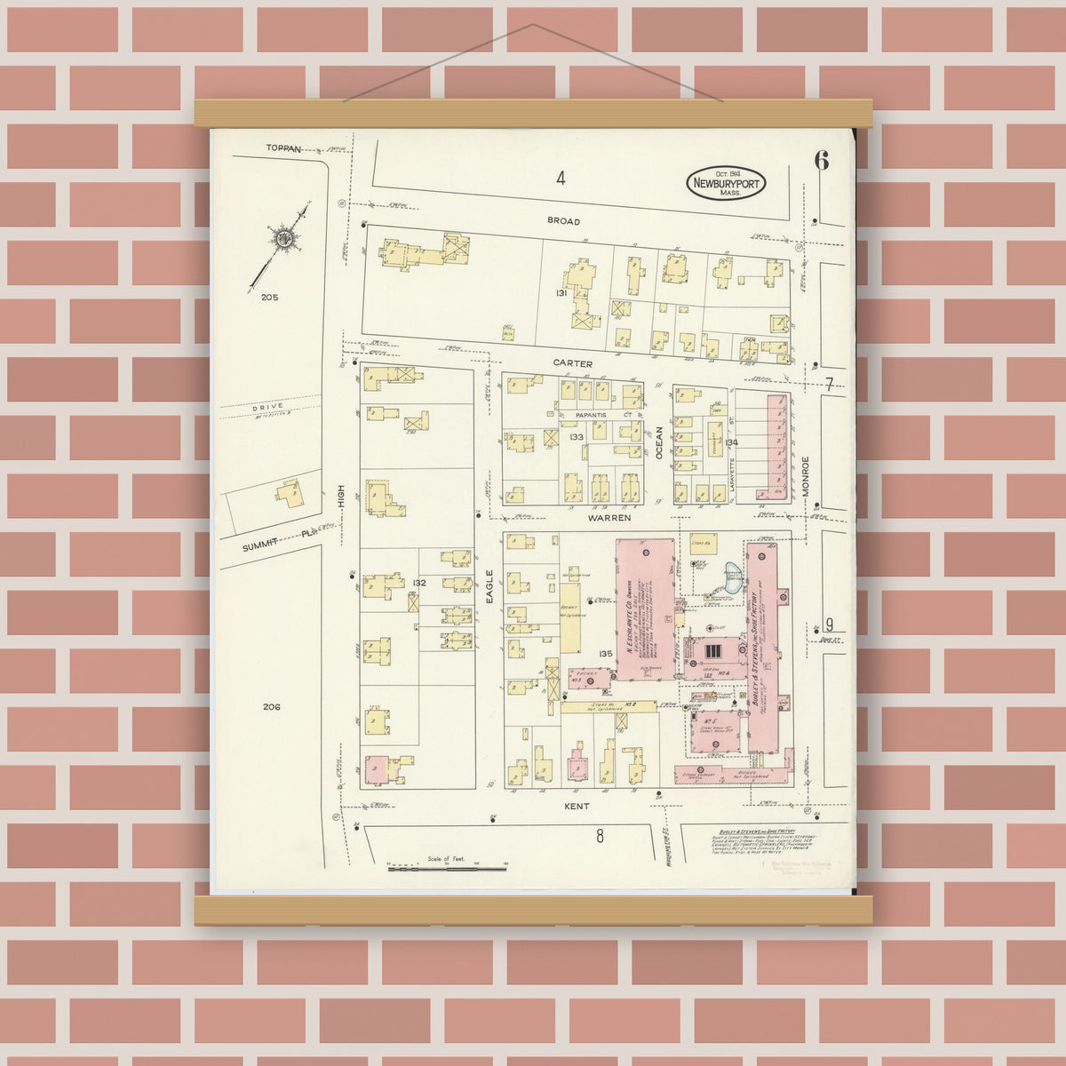 Old map wall art mockup — magnetic wood frame on brick wall — Sanborn Fire Insurance Map from Newburyport, Essex County, Massachusetts (1914), Sheet #0006