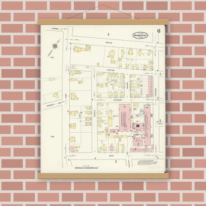 Old map wall art mockup — magnetic wood frame on brick wall — Sanborn Fire Insurance Map from Newburyport, Essex County, Massachusetts (1914), Sheet #0006