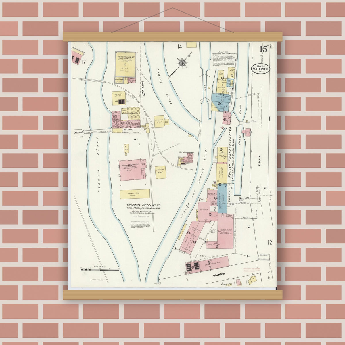Old map wall art mockup — magnetic wood frame on brick wall — Sanborn Fire Insurance Map from Waterloo, Seneca County, New York (1911), Sheet #0015