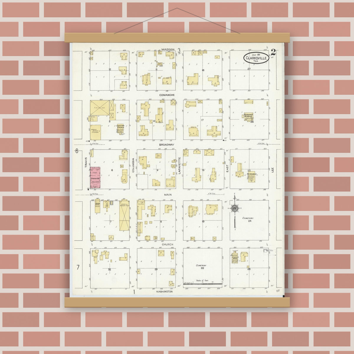 Old map wall art mockup — magnetic wood frame on brick wall — Sanborn Fire Insurance Map from Clarksville, Red River County, Texas (1911), Sheet #0002