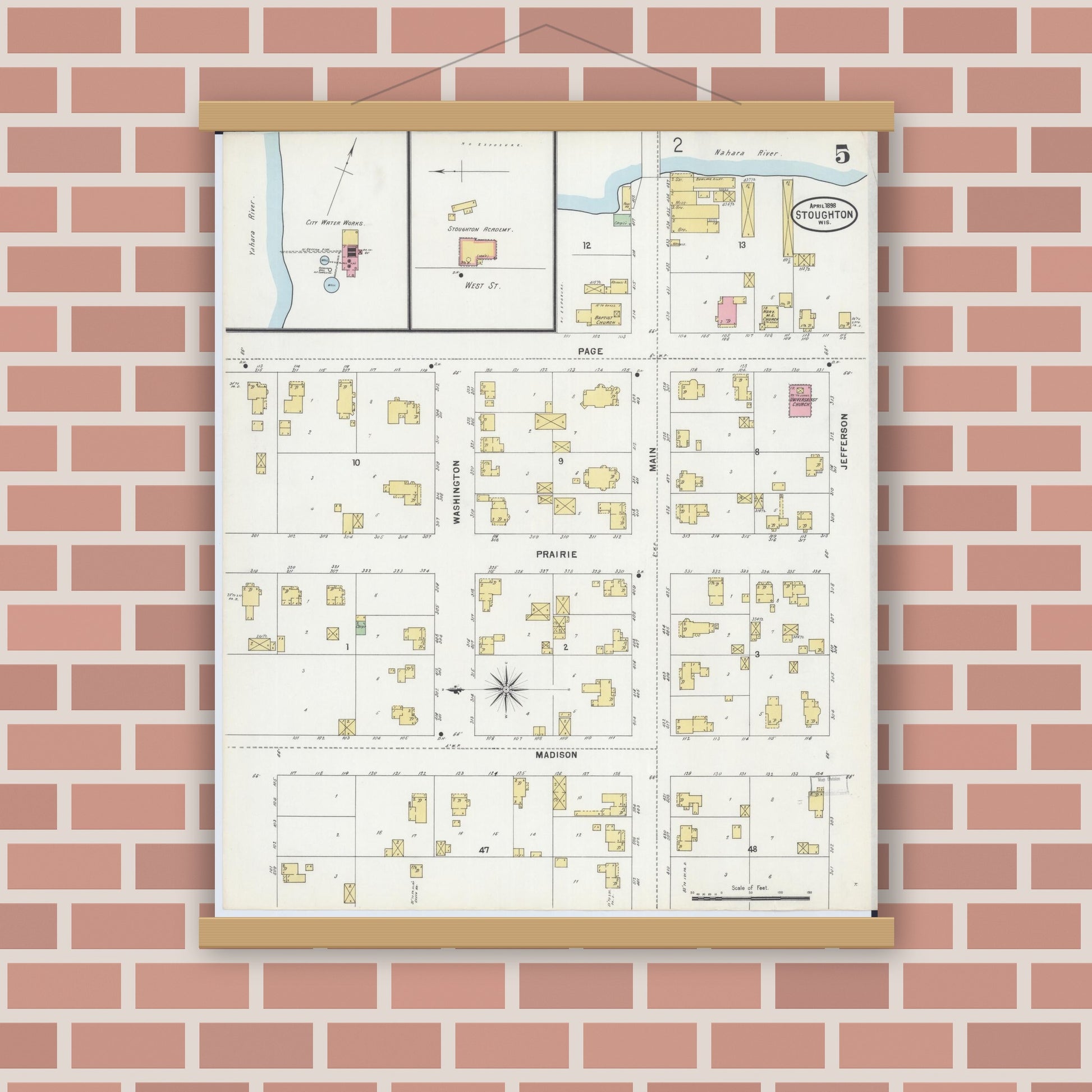 Old map wall art mockup — magnetic wood frame on brick wall — Sanborn Fire Insurance Map from Stoughton, Dane County, Wisconsin (1898), Sheet #0005
