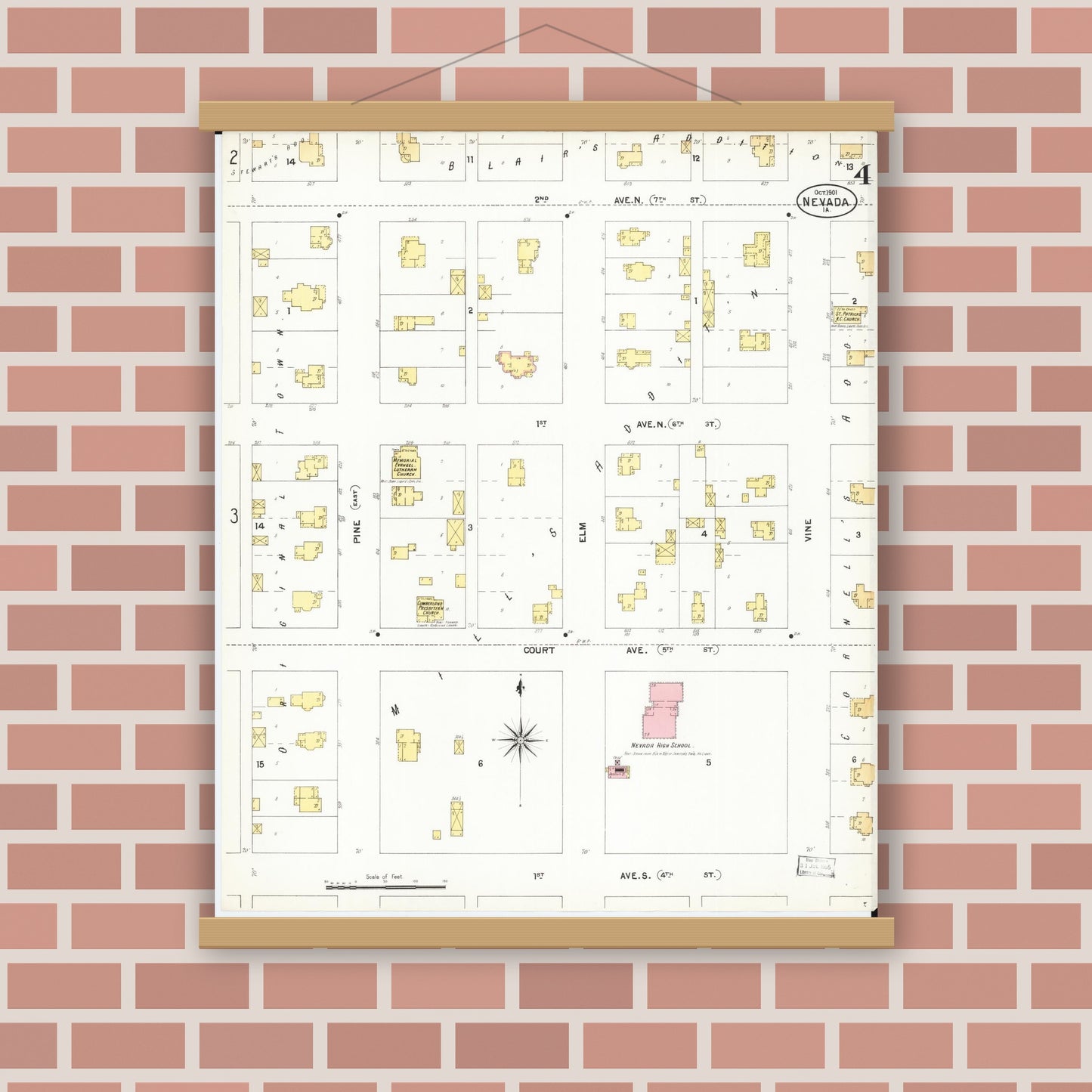 Old map wall art mockup — magnetic wood frame on brick wall — Sanborn Fire Insurance Map from Nevada, Story County, Iowa (1901), Sheet #0004