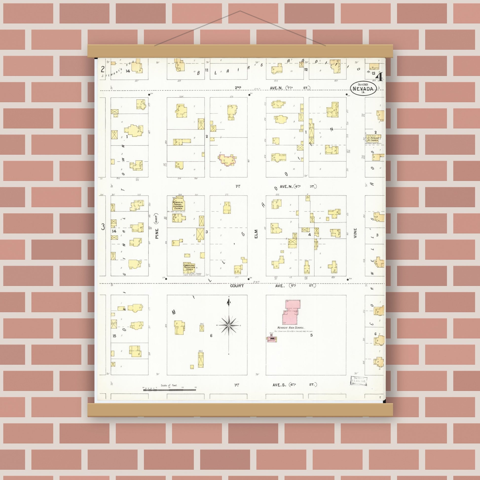 Old map wall art mockup — magnetic wood frame on brick wall — Sanborn Fire Insurance Map from Nevada, Story County, Iowa (1901), Sheet #0004