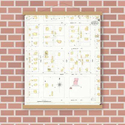 Old map wall art mockup — magnetic wood frame on brick wall — Sanborn Fire Insurance Map from Nevada, Story County, Iowa (1901), Sheet #0004