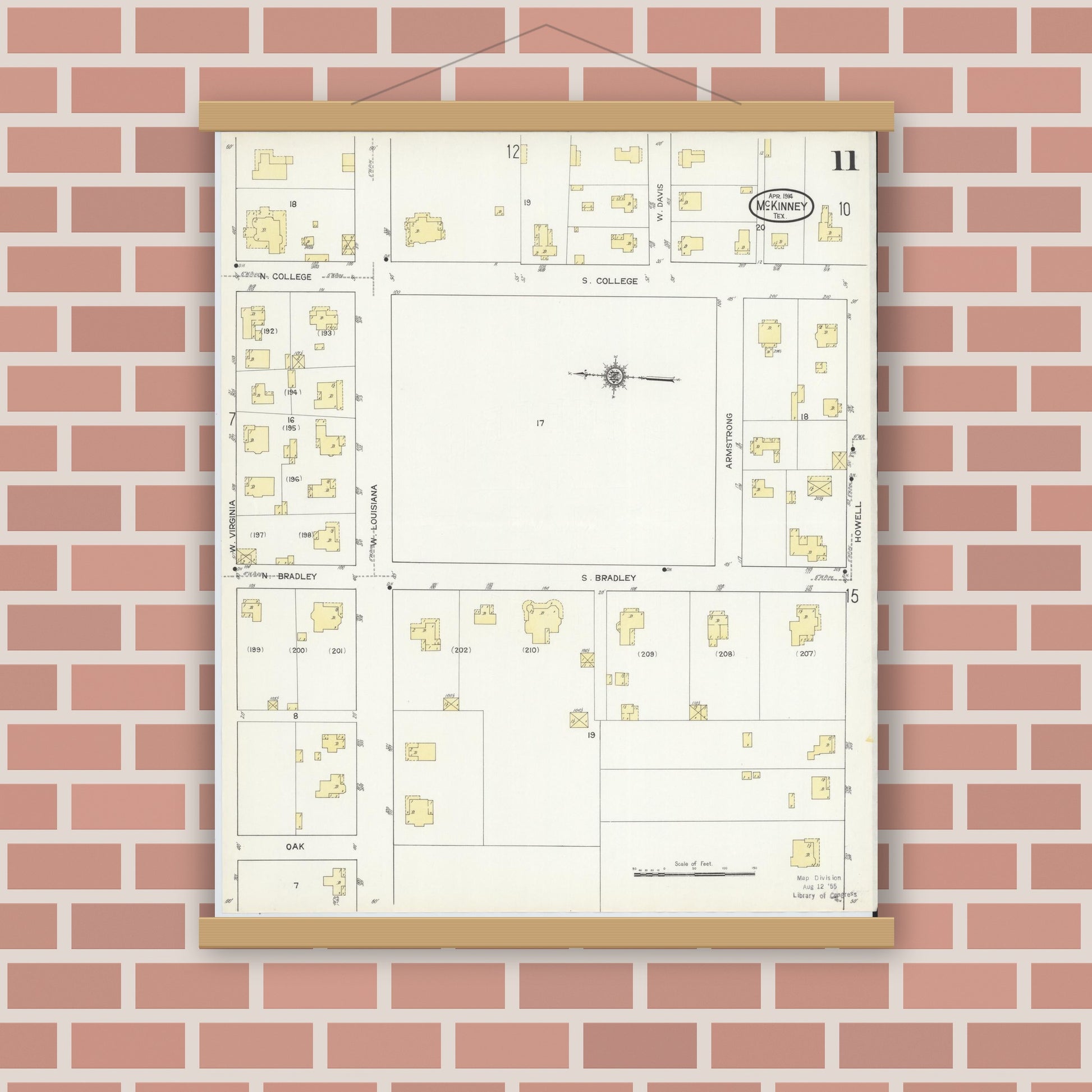 Old map wall art mockup — magnetic wood frame on brick wall — Sanborn Fire Insurance Map from McKinney, Collin County, Texas (1914), Sheet #0011