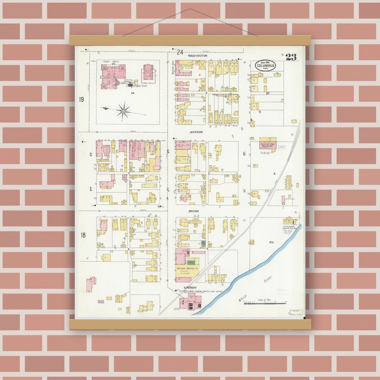 Old map wall art mockup — magnetic wood frame on brick wall — Sanborn Fire Insurance Map from Columbus, Bartholomew County, Indiana (1906), Sheet #0023