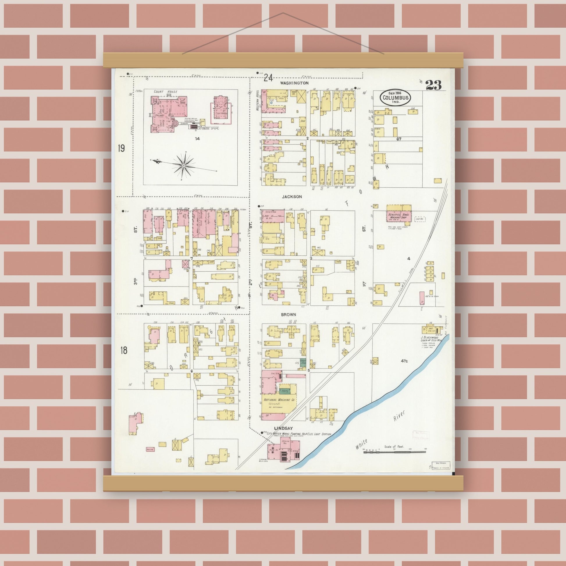 Old map wall art mockup — magnetic wood frame on brick wall — Sanborn Fire Insurance Map from Columbus, Bartholomew County, Indiana (1906), Sheet #0023