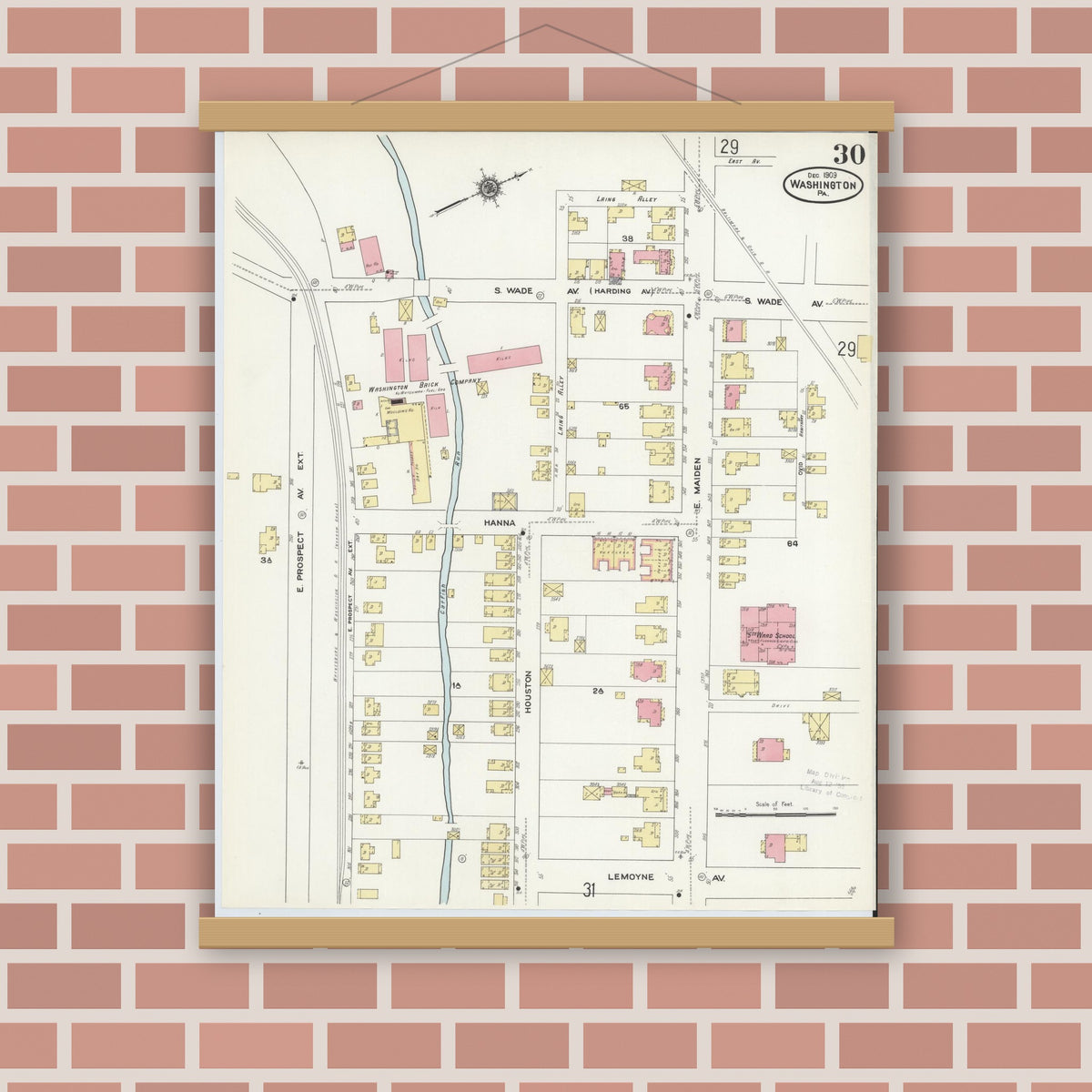 Old map wall art mockup — magnetic wood frame on brick wall — Sanborn Fire Insurance Map from Washington, Washington County, Pennsylvania (1909), Sheet #0030