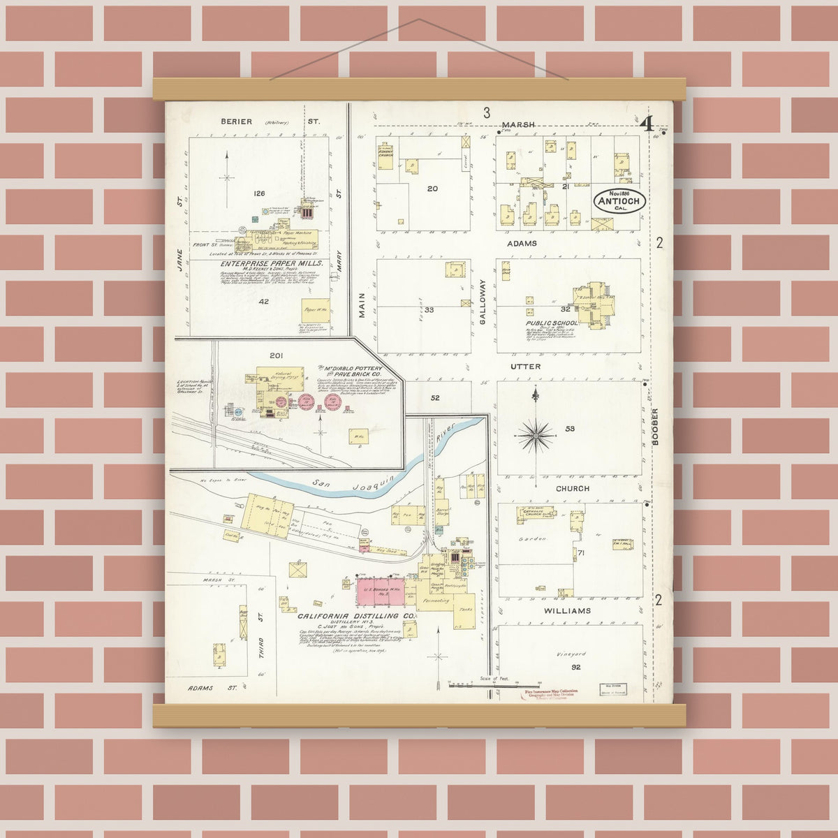 Old map wall art mockup — magnetic wood frame on brick wall — Sanborn Fire Insurance Map from Antioch, Contra Costa County, California (1896), Sheet #0004