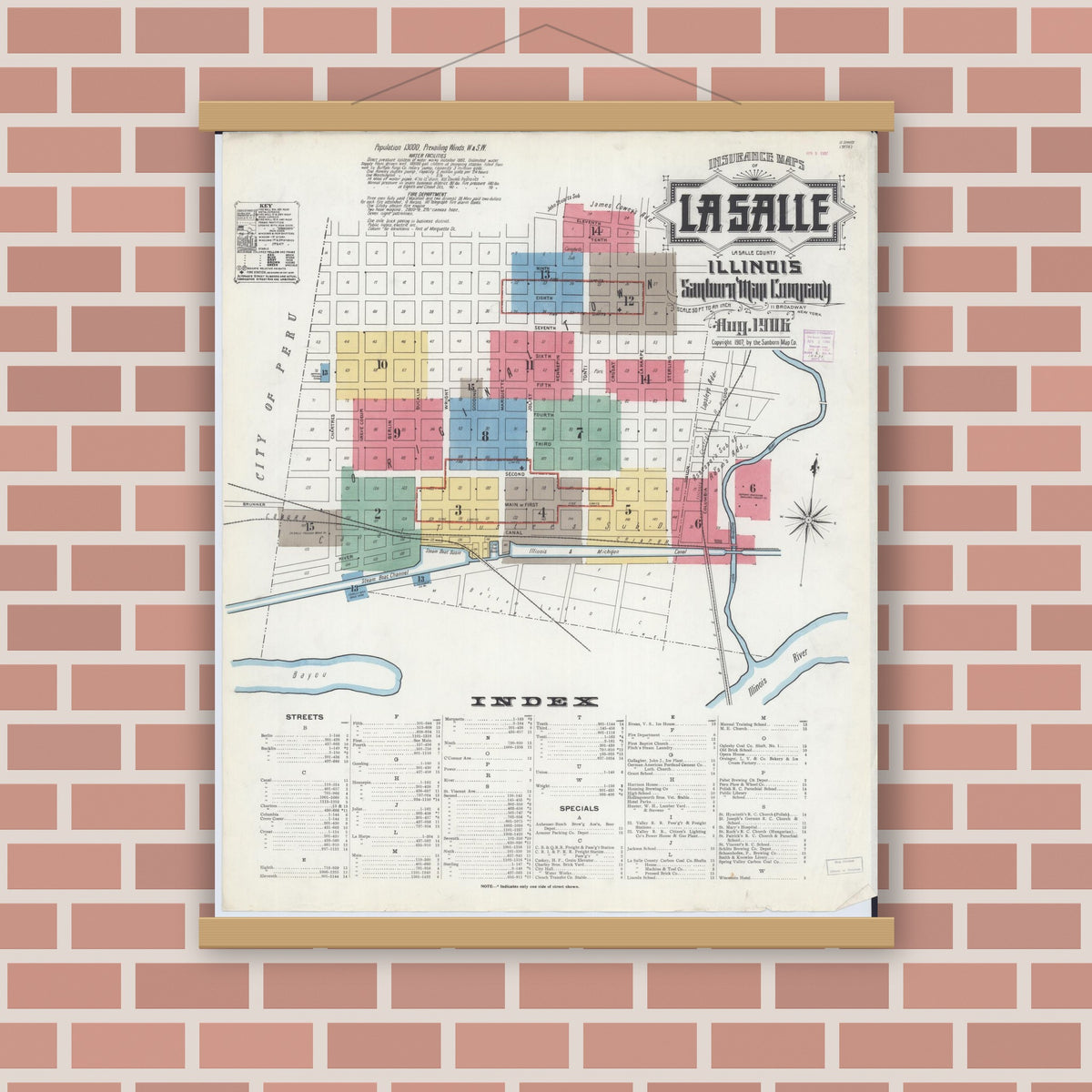 Old map wall art mockup — magnetic wood frame on brick wall — Sanborn Fire Insurance Map from La Salle, La Salle County, Illinois (1906) - Complete Map Set