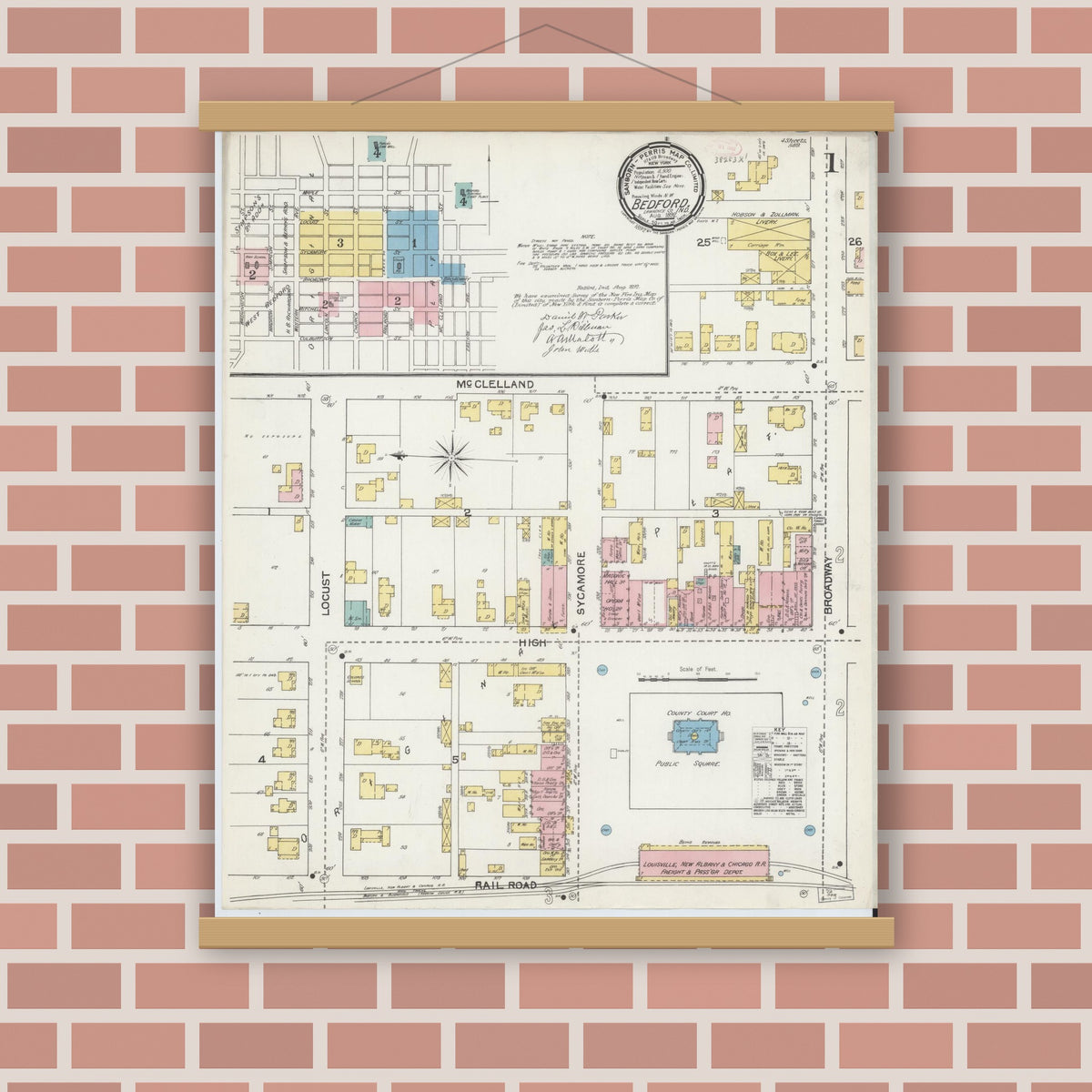 Old map wall art mockup — magnetic wood frame on brick wall — Sanborn Fire Insurance Map from Bedford, Lawrence County, Indiana (1892) - Complete Map Set