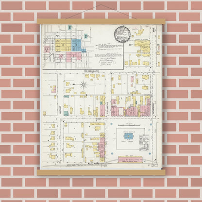 Old map wall art mockup — magnetic wood frame on brick wall — Sanborn Fire Insurance Map from Bedford, Lawrence County, Indiana (1892) - Complete Map Set