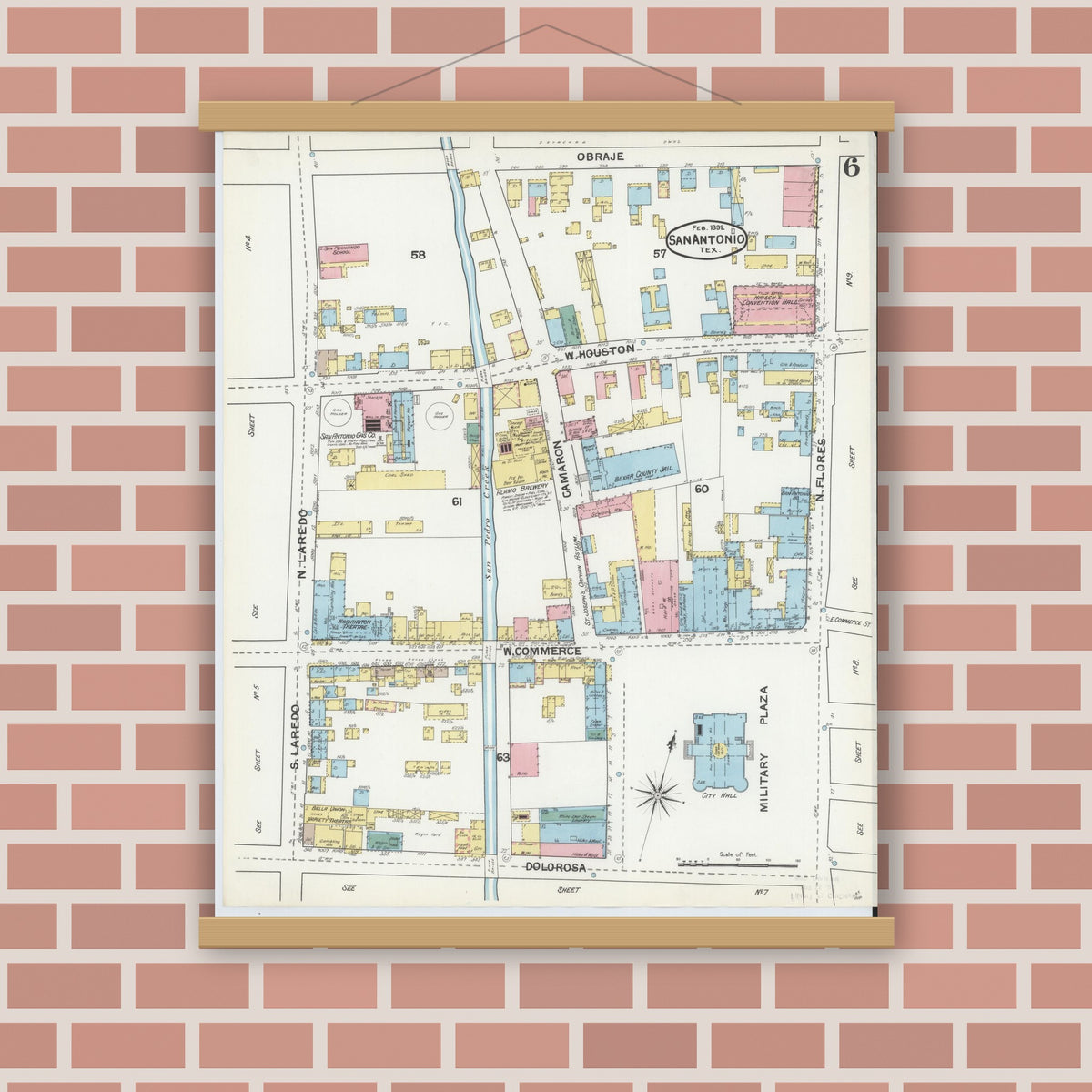 Old map wall art mockup — magnetic wood frame on brick wall — Sanborn Fire Insurance Map from San Antonio, Bexar County, Texas (1892), Sheet #0006