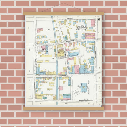 Old map wall art mockup — magnetic wood frame on brick wall — Sanborn Fire Insurance Map from San Antonio, Bexar County, Texas (1892), Sheet #0006