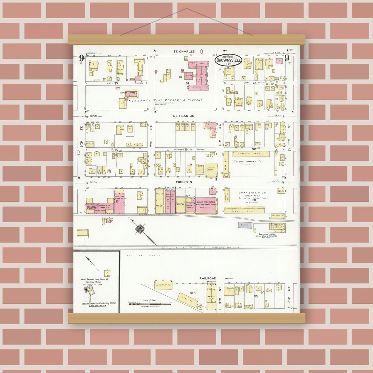 Old map wall art mockup — magnetic wood frame on brick wall — Sanborn Fire Insurance Map from Brownsville, Cameron County, Texas (1926), Sheet #0009