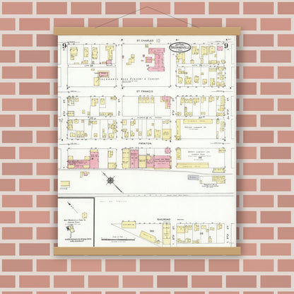 Old map wall art mockup — magnetic wood frame on brick wall — Sanborn Fire Insurance Map from Brownsville, Cameron County, Texas (1926), Sheet #0009