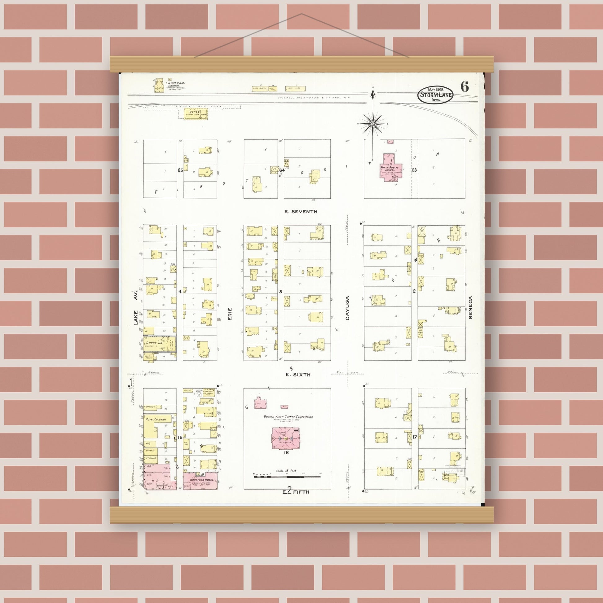 Old map wall art mockup — magnetic wood frame on brick wall — Sanborn Fire Insurance Map from Storm Lake, Buena Vista County, Iowa (1909), Sheet #0006