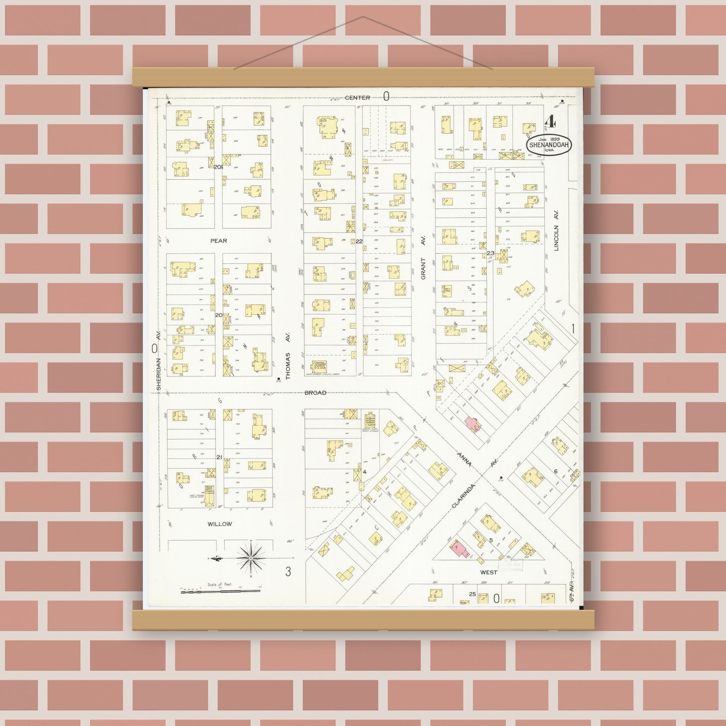 Old map wall art mockup — magnetic wood frame on brick wall — Sanborn Fire Insurance Map from Shenandoah, Page County, Iowa (1899), Sheet #0004