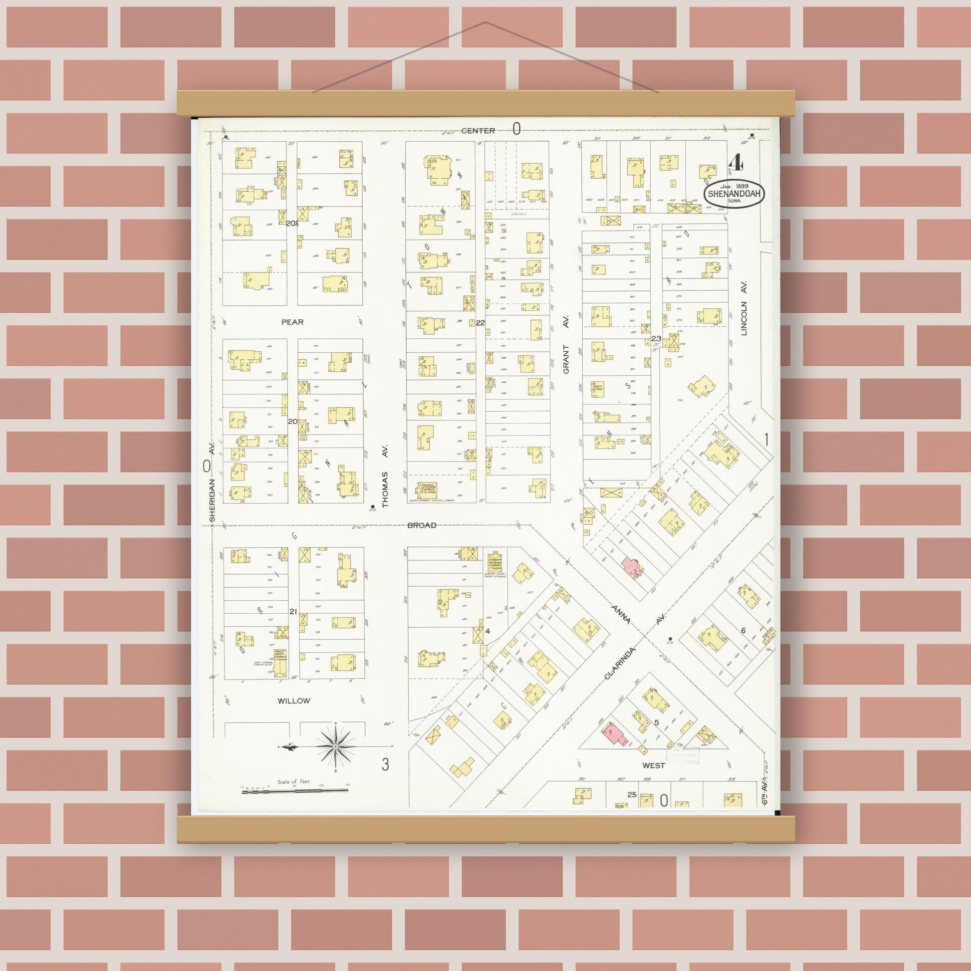 Old map wall art mockup — magnetic wood frame on brick wall — Sanborn Fire Insurance Map from Shenandoah, Page County, Iowa (1899), Sheet #0004
