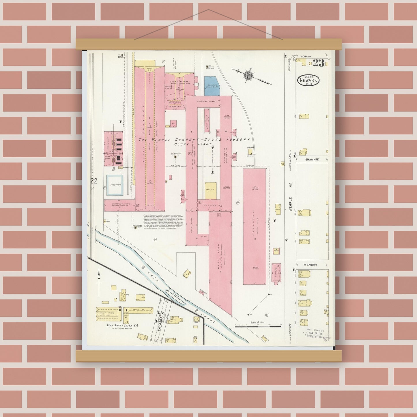 Old map wall art mockup — magnetic wood frame on brick wall — Sanborn Fire Insurance Map from Newark, Licking County, Ohio (1912), Sheet #0023