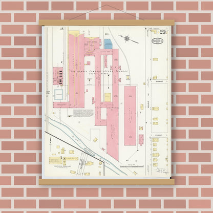 Old map wall art mockup — magnetic wood frame on brick wall — Sanborn Fire Insurance Map from Newark, Licking County, Ohio (1912), Sheet #0023