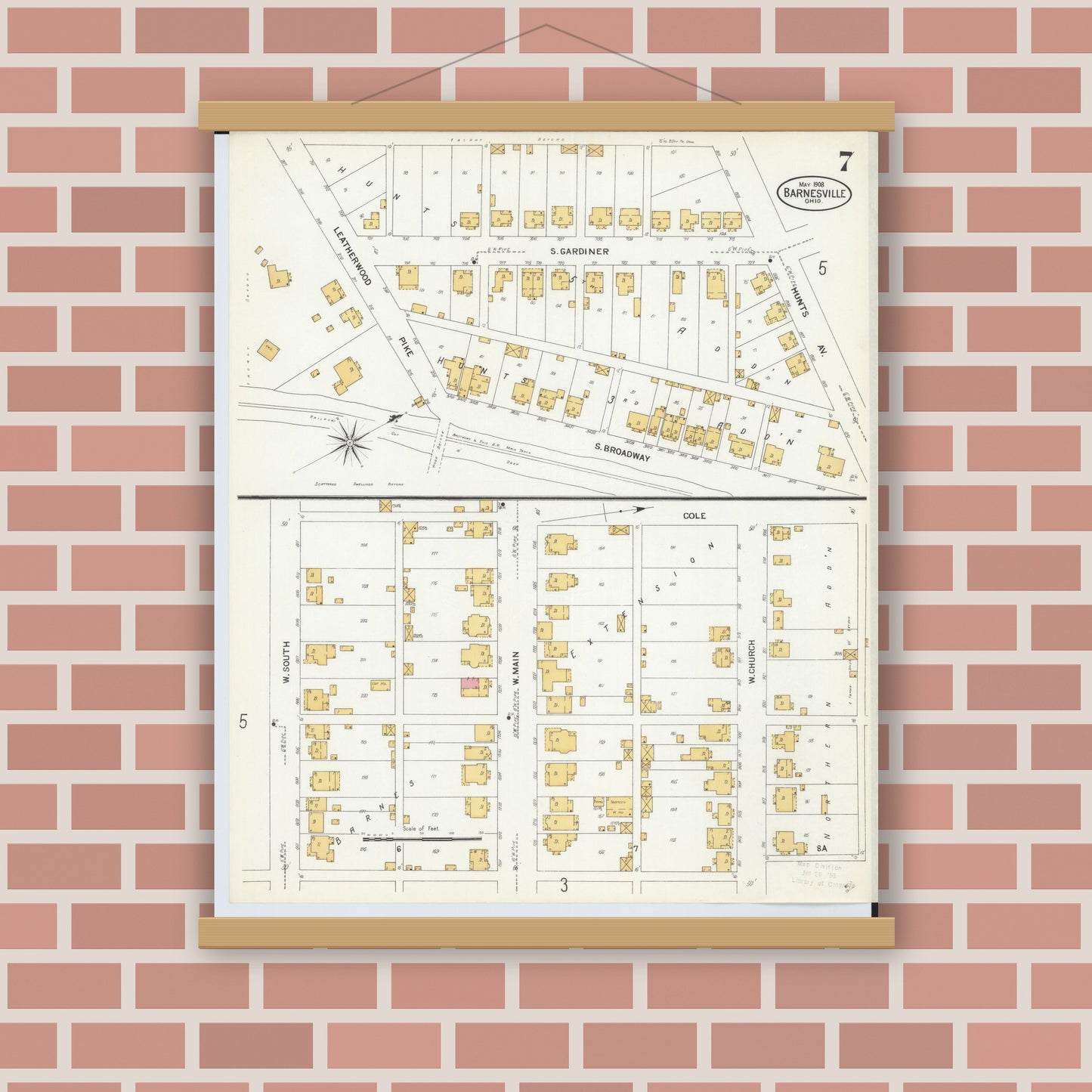 Old map wall art mockup — magnetic wood frame on brick wall — Sanborn Fire Insurance Map from Barnesville, Belmont County, Ohio (1908), Sheet #0007