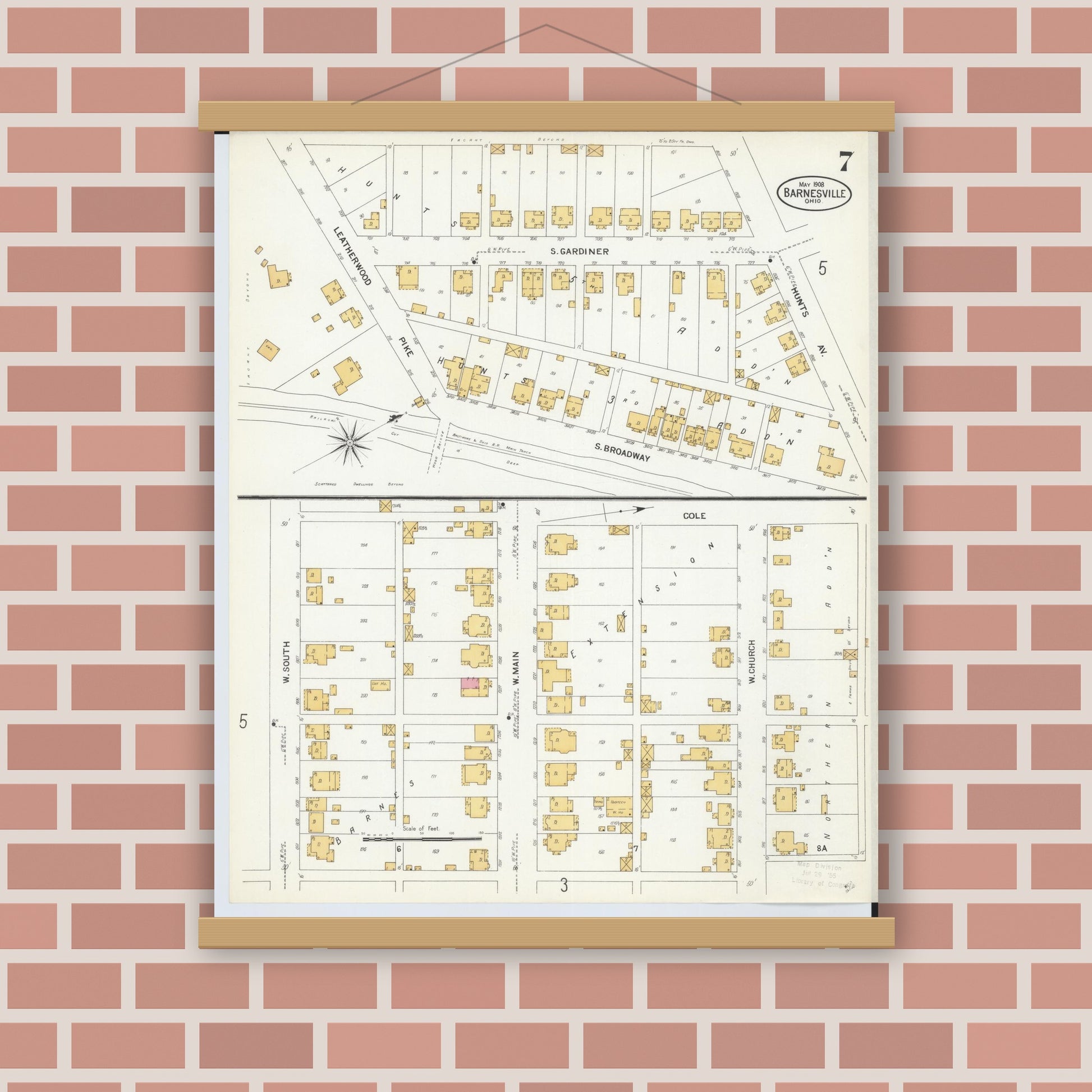 Old map wall art mockup — magnetic wood frame on brick wall — Sanborn Fire Insurance Map from Barnesville, Belmont County, Ohio (1908), Sheet #0007