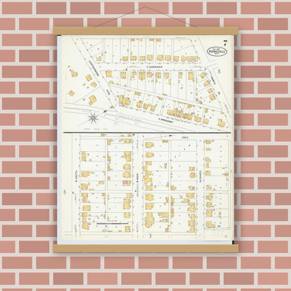 Old map wall art mockup — magnetic wood frame on brick wall — Sanborn Fire Insurance Map from Barnesville, Belmont County, Ohio (1908), Sheet #0007