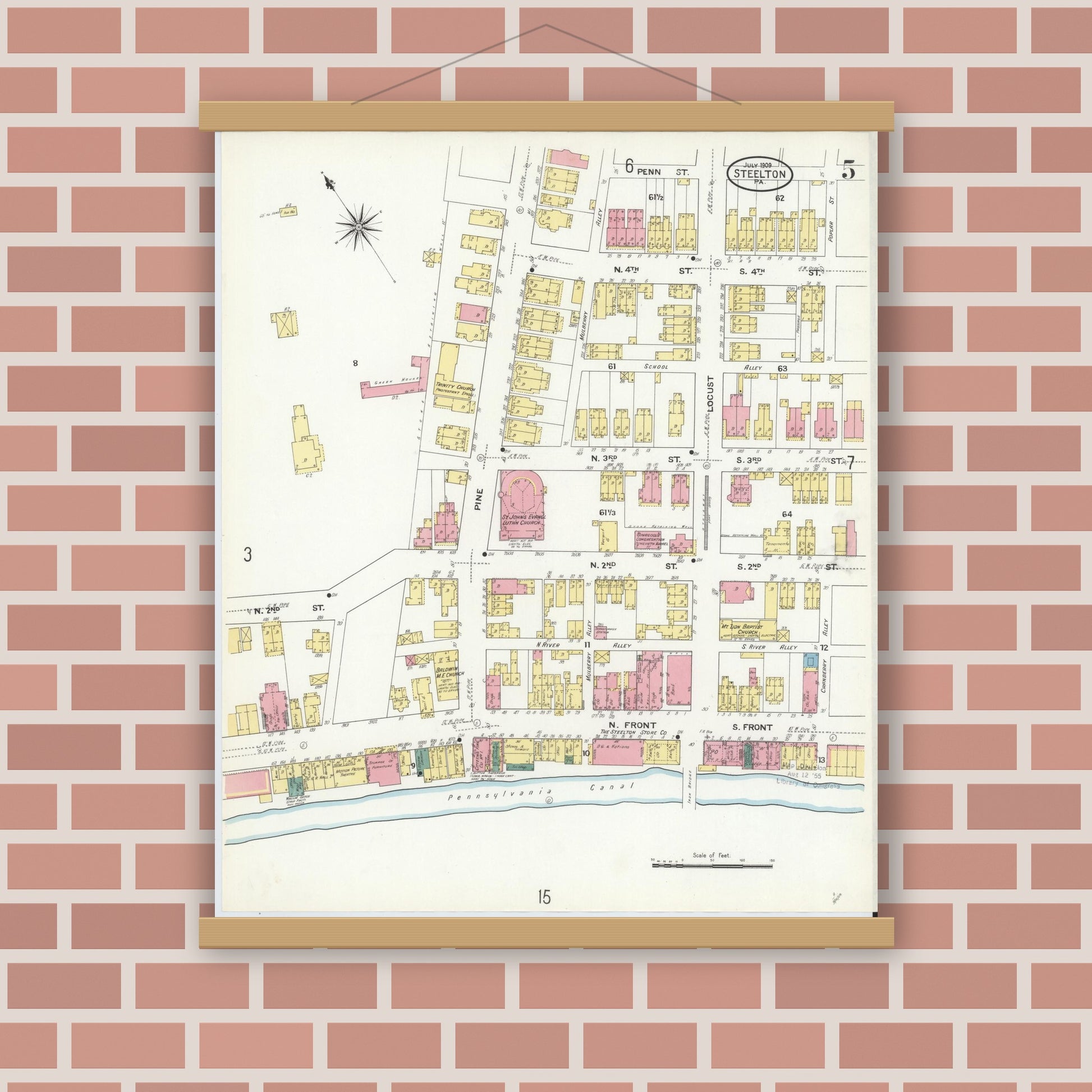 Old map wall art mockup — magnetic wood frame on brick wall — Sanborn Fire Insurance Map from Steelton, Dauphin County, Pennsylvania (1909), Sheet #0005