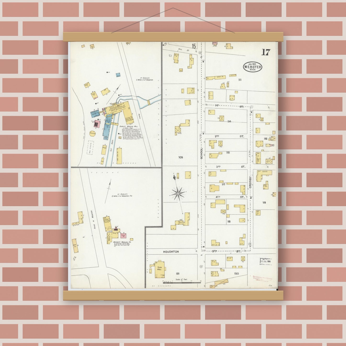 Old map wall art mockup — magnetic wood frame on brick wall — Sanborn Fire Insurance Map from Webster, Worcester County, Massachusetts (1904), Sheet #0017