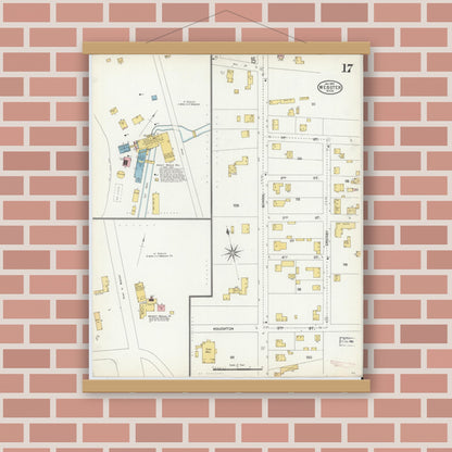 Old map wall art mockup — magnetic wood frame on brick wall — Sanborn Fire Insurance Map from Webster, Worcester County, Massachusetts (1904), Sheet #0017