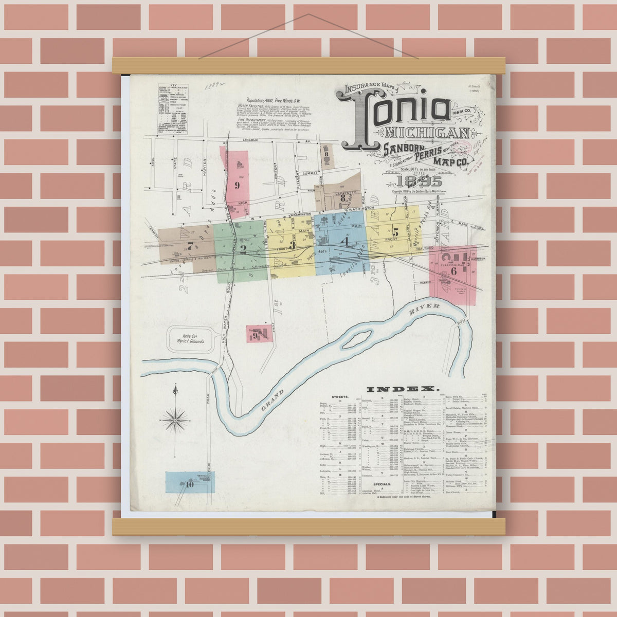 Old map wall art mockup — magnetic wood frame on brick wall — Sanborn Fire Insurance Map from Ionia, Ionia County, Michigan (1895) - Complete Map Set